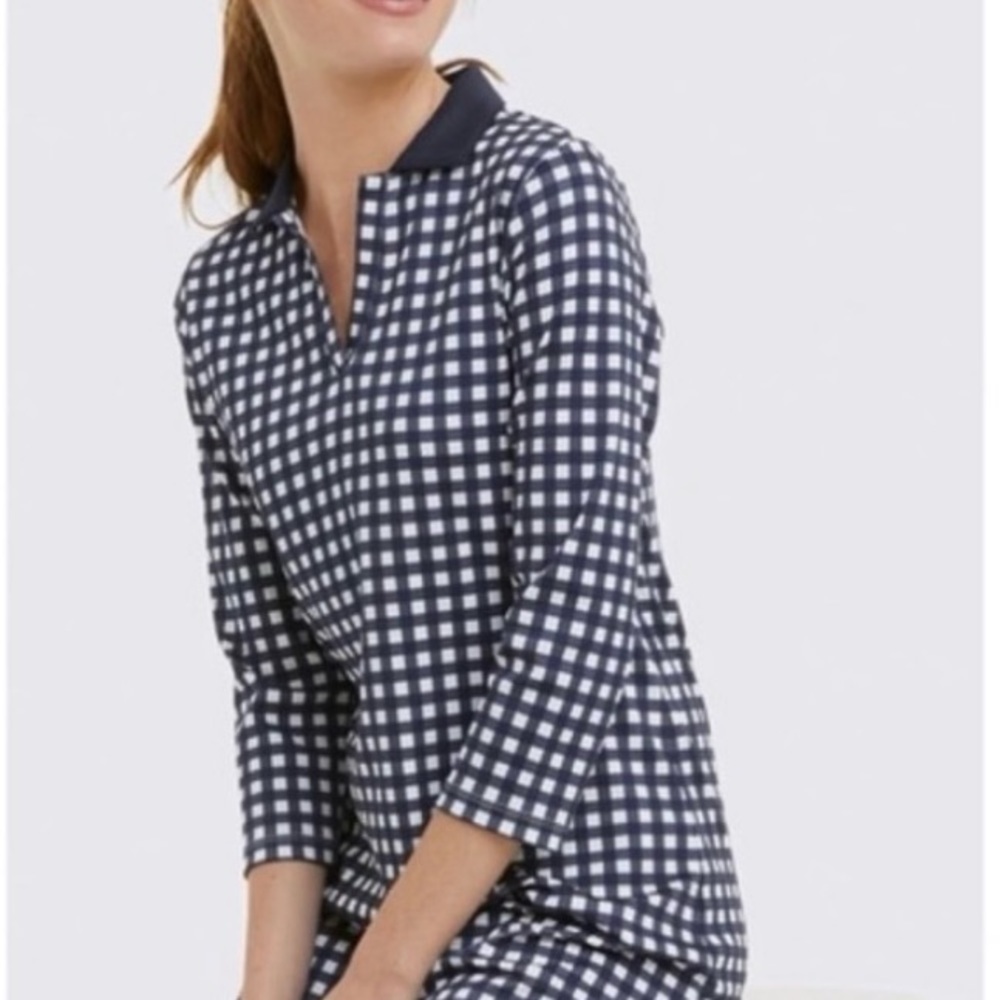 Lands’End + Draper James collab long sleeve blue & white checked shirt dress